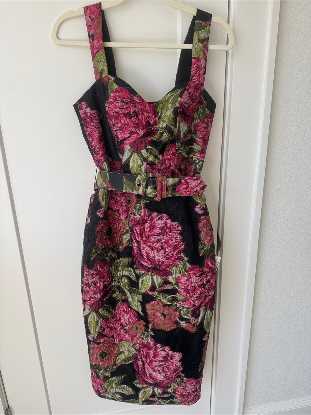 Dress the Population Black Floral Midi Dress with Pink & Green Bouquet Belt